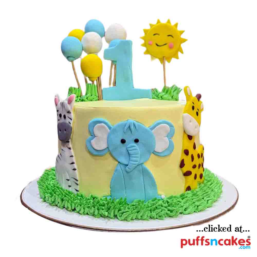 (2556) Cute Animals First Birthday Yellow Sunny Theme Semi Fondant Cake